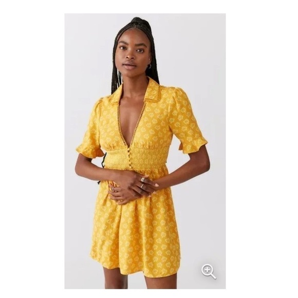 Urban Outfitters Graziana Yellow Printed Short Sleeve Mini Dress L - Picture 1 of 9